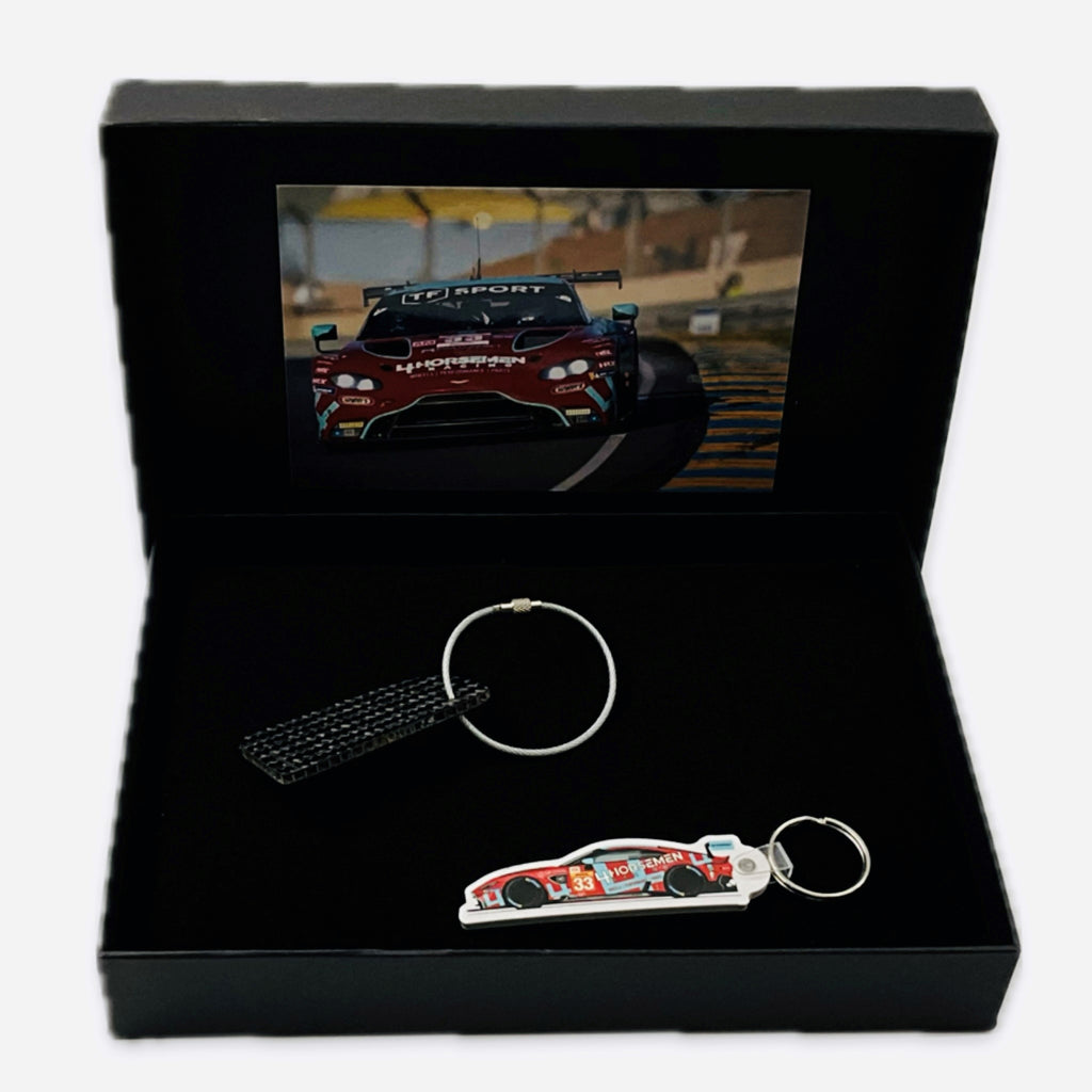 TF Sport Aston Martin Racing Team Le Mans Race Used Carbon Fibre Key Ring Set in a Presentation Box