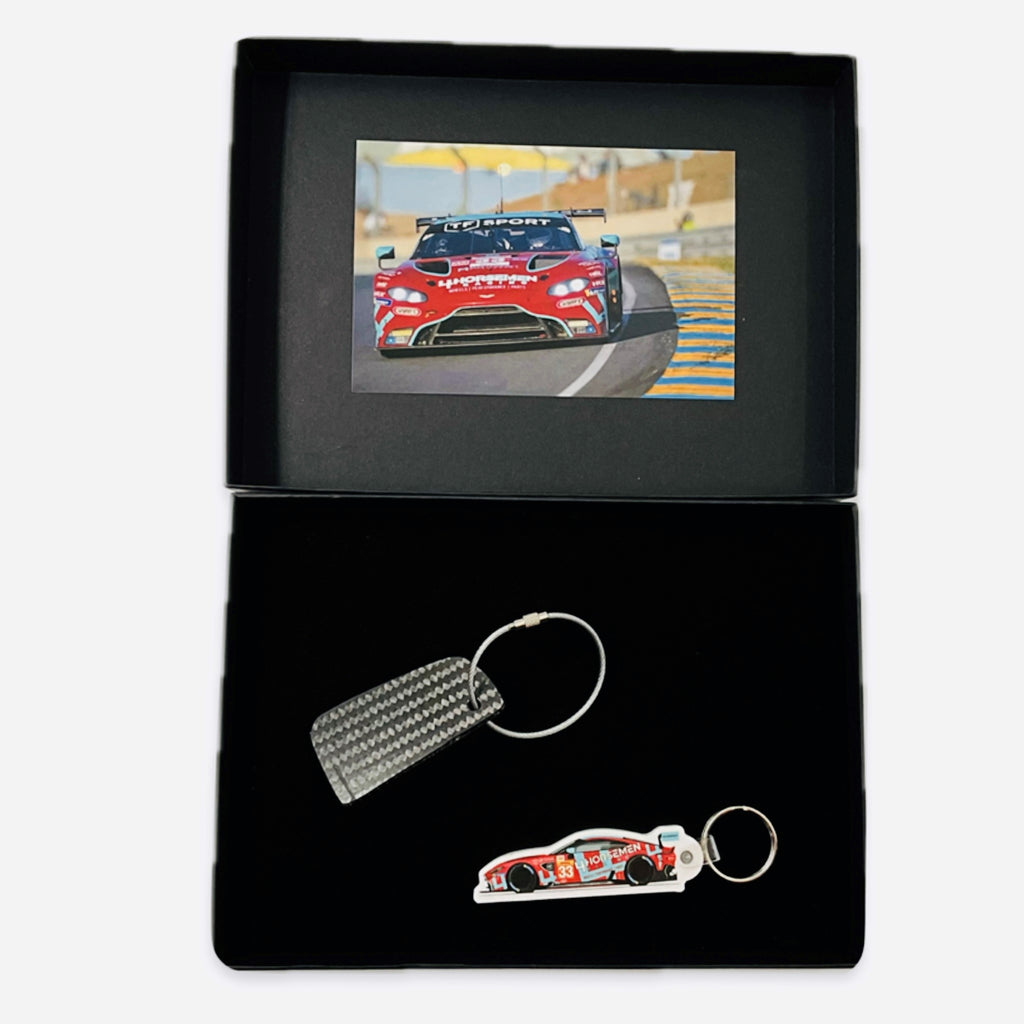 TF Sport Aston Martin Racing Team Le Mans Race Used Carbon Fibre Key Ring Set in a Presentation Box