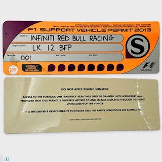 Official FIA F1 Team Issued F1 Support  Vehicle Permit 2013 Infinity Red Bull Racing Team