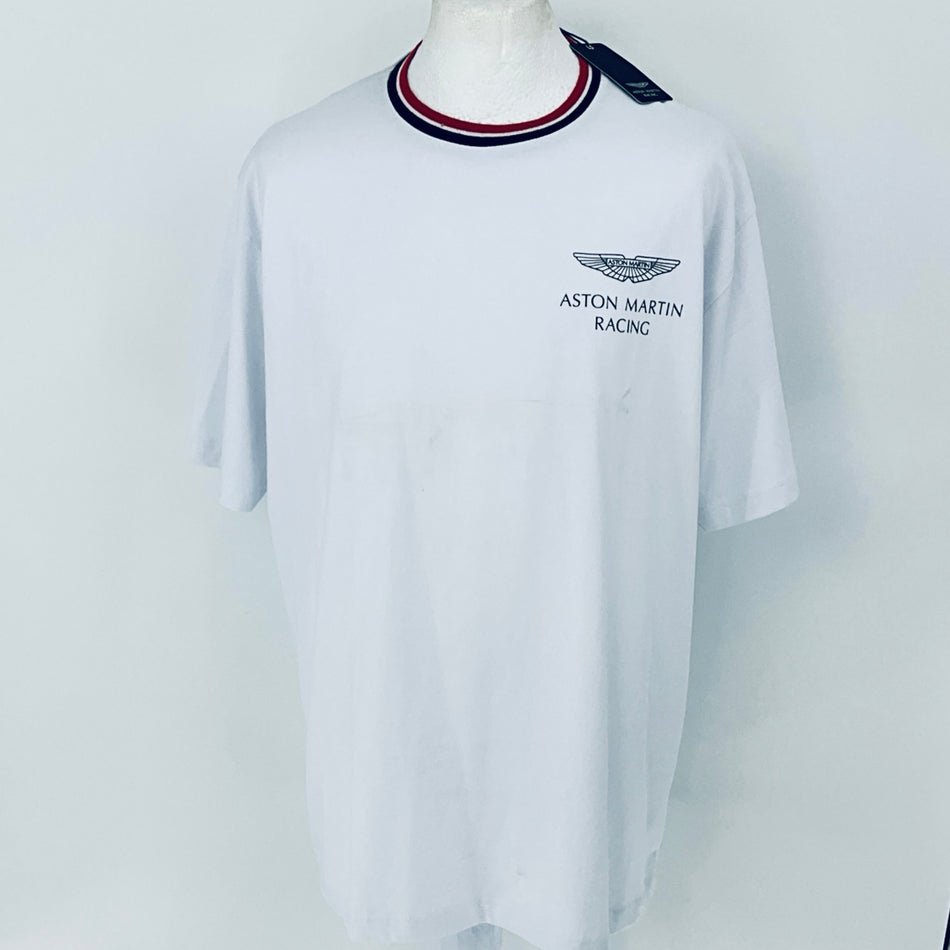 White t-shirt with Aston Martin Racing logo on a mannequin against a white background