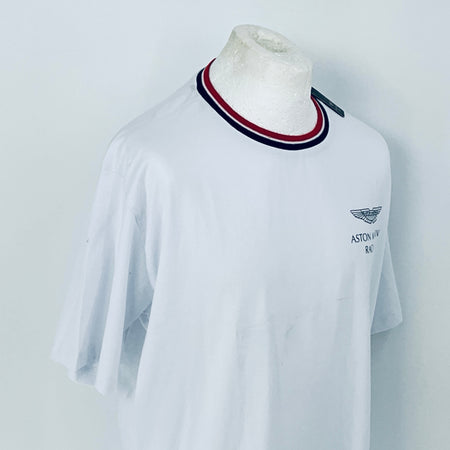 White t-shirt with a logo on a mannequin against a light gray background