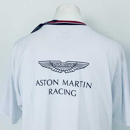 White shirt with Aston Martin Racing logo on a mannequin against a white background