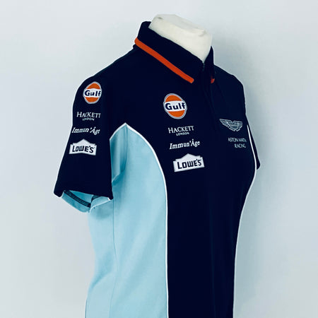 Navy racing suit with sponsor logos on a white background