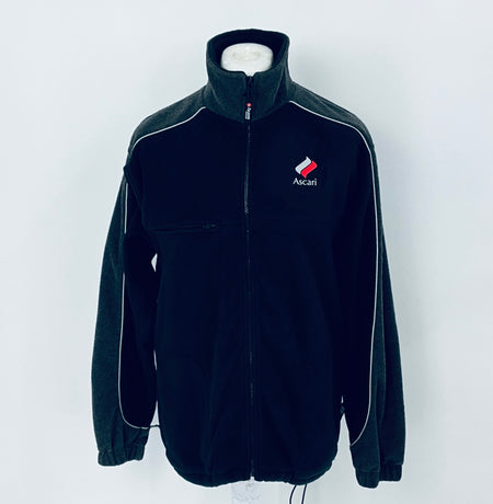 Black fleece jacket with a logo on a white background