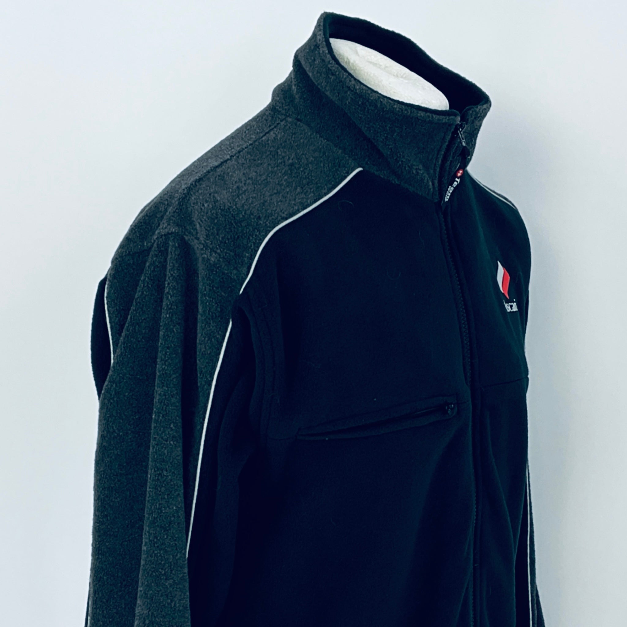 Dark gray fleece jacket with a brand logo on a white background