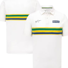 Load image into Gallery viewer, Ayrton Senna Official Licenced Collection Iconic Helmet Striped Organic Cotton Polo Shirt-White