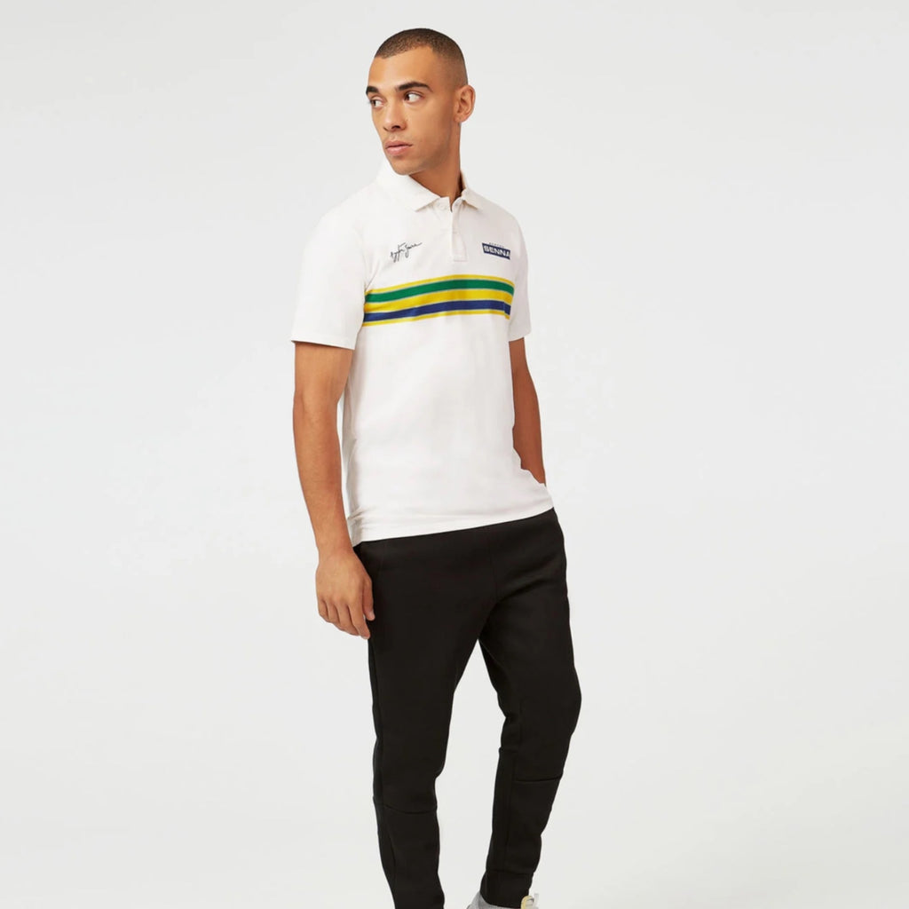 Ayrton Senna Official Licenced Collection Iconic Helmet Striped Organic Cotton Polo Shirt-White
