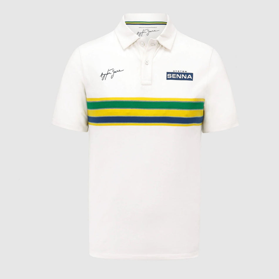 Ayrton Senna Official Licenced Collection Iconic Helmet Striped Organic Cotton Polo Shirt-White