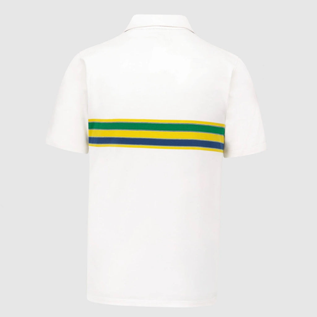 Ayrton Senna Official Licenced Collection Iconic Helmet Striped Organic Cotton Polo Shirt-White