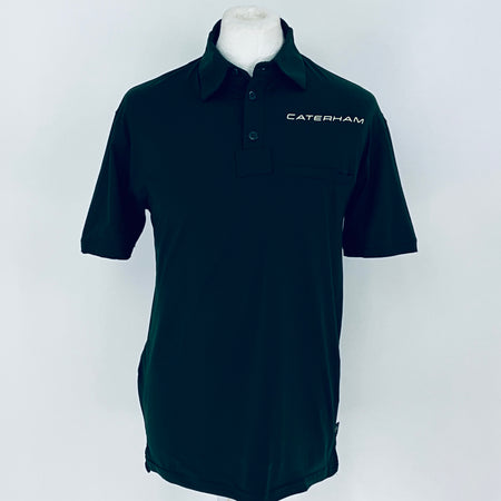 Black polo shirt with 'Caterham' logo on a white background