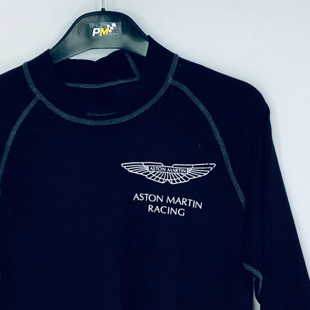 Black Aston Martin Racing sweatshirt on a hanger against a white background