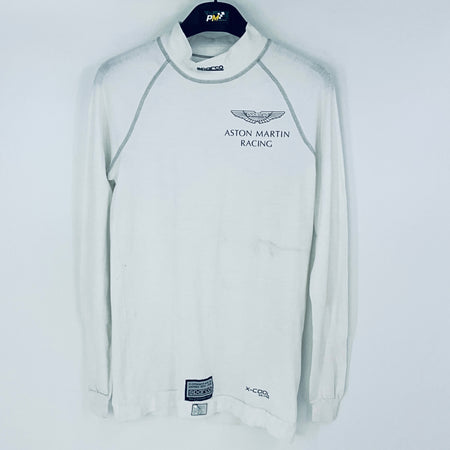 White long-sleeve shirt with Aston Martin Racing logo on a white background