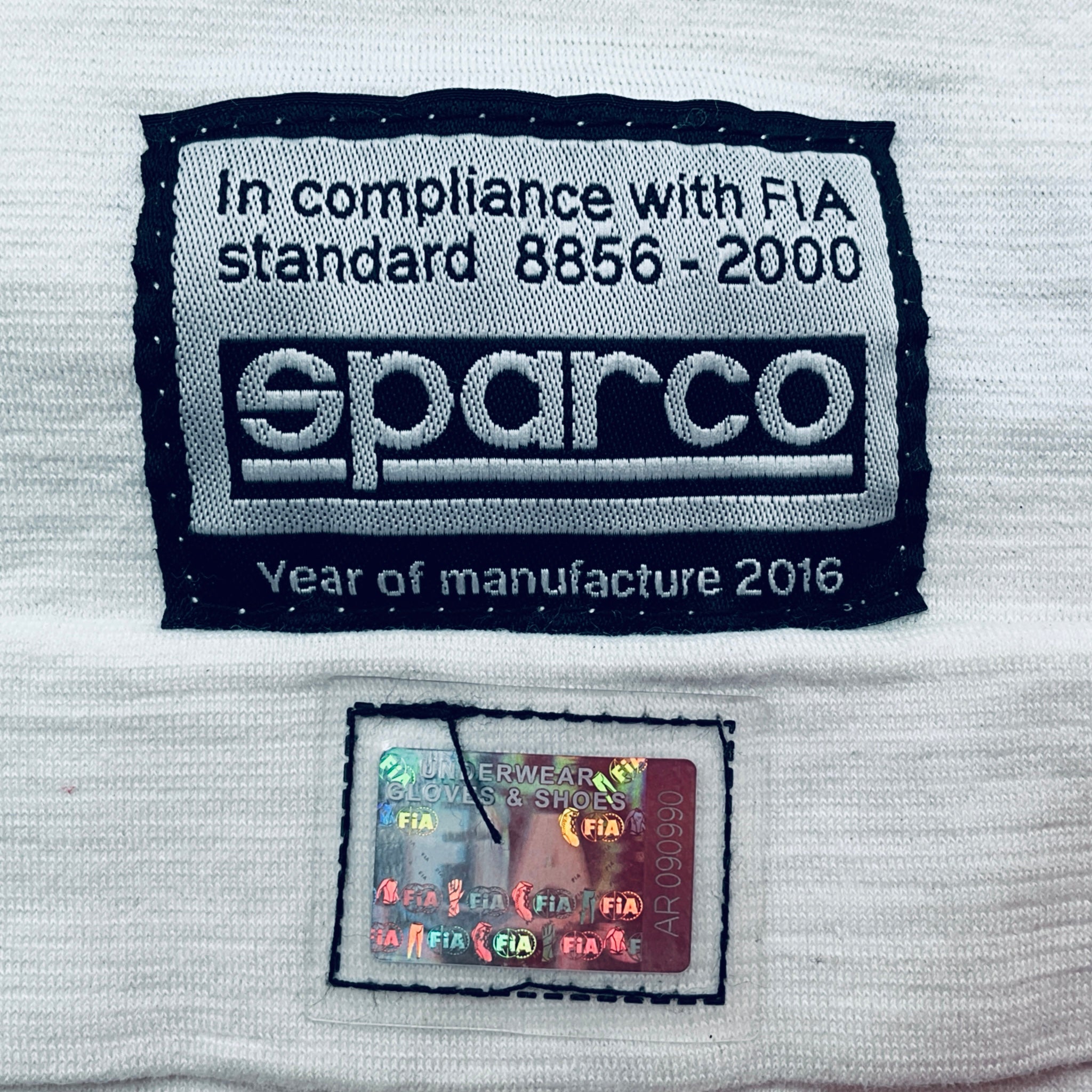 Sparco label on a white background with compliance text and logo.