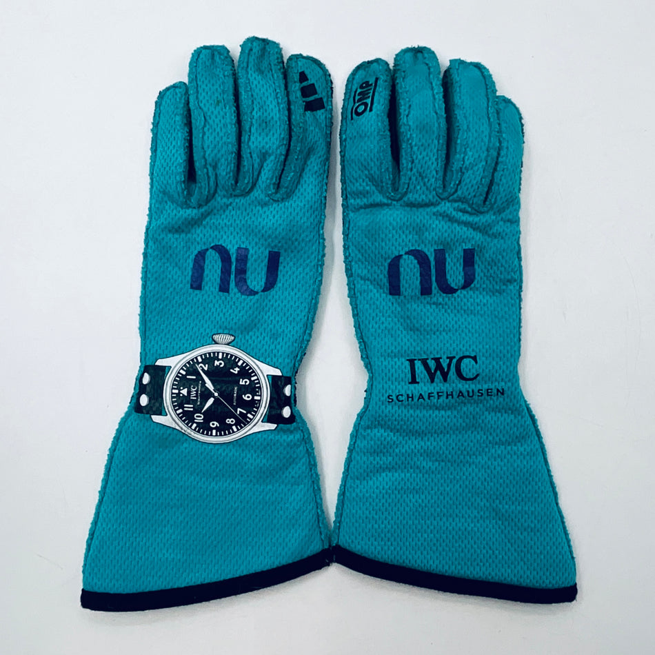 Teal and dark blue racing gloves with nu logo and wristwatch graphic patch