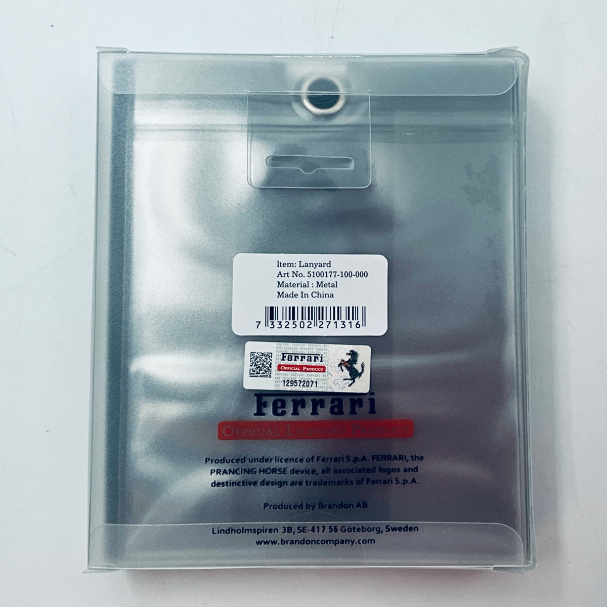 Scuderia Ferrari lanyard packaging in clear sleeve with printed product label