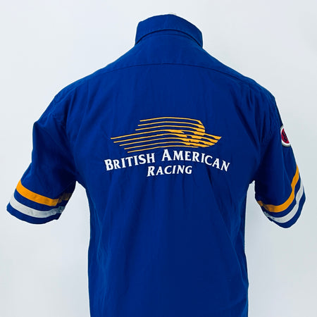 Blue racing shirt back view showing large “British American Racing” logo across shoulders