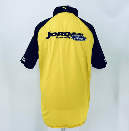 Two-tone short-sleeve button-up shirt, back view with large Jordan PoweredBy Ford print