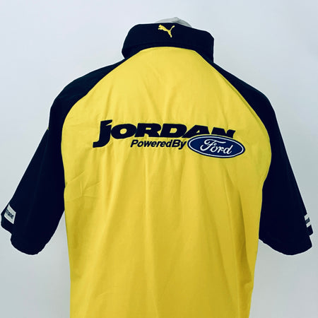 Two-tone short-sleeve button-up shirt, close back view with Jordan PoweredBy Ford logo