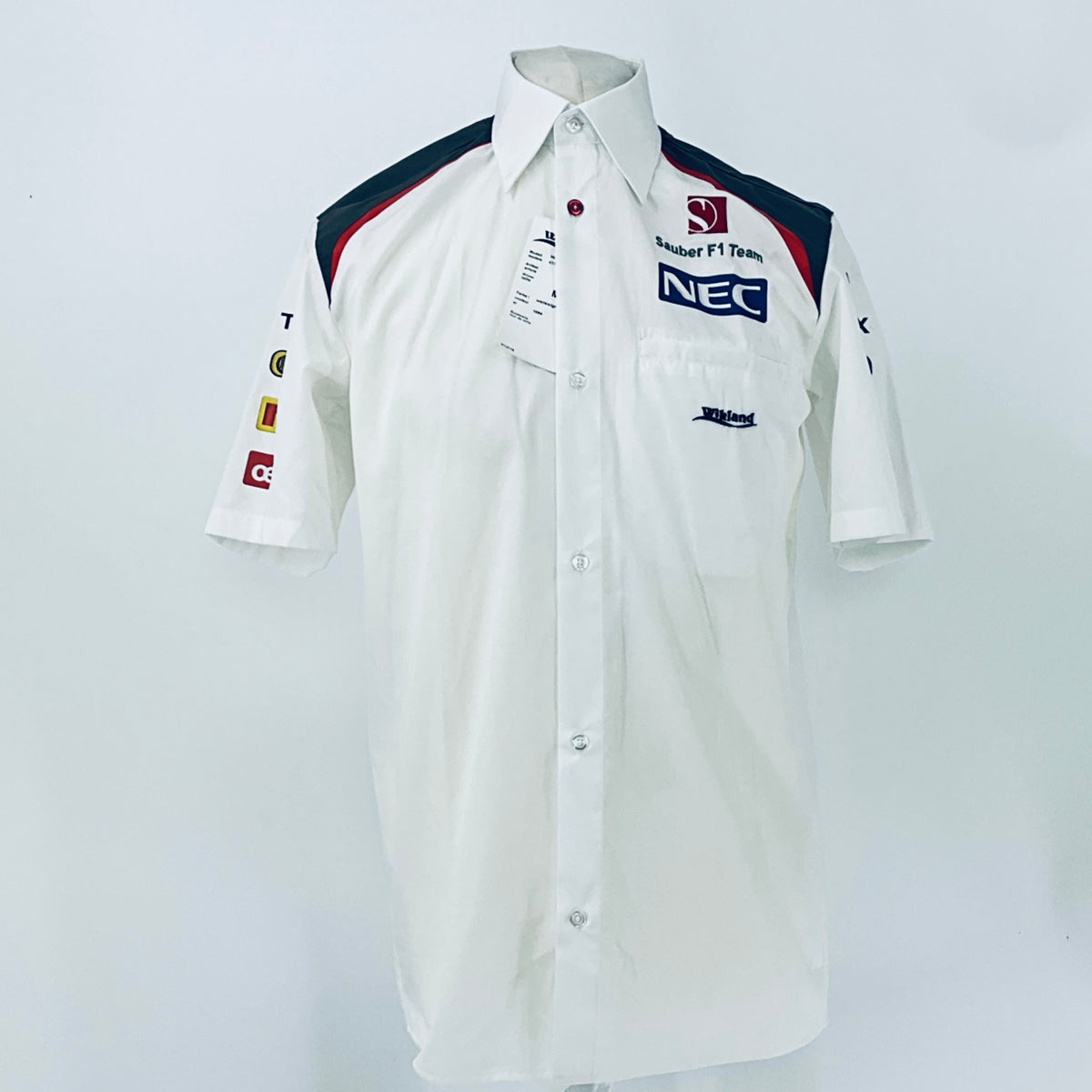 White button-up racing shirt with collar and NEC logo on the chest