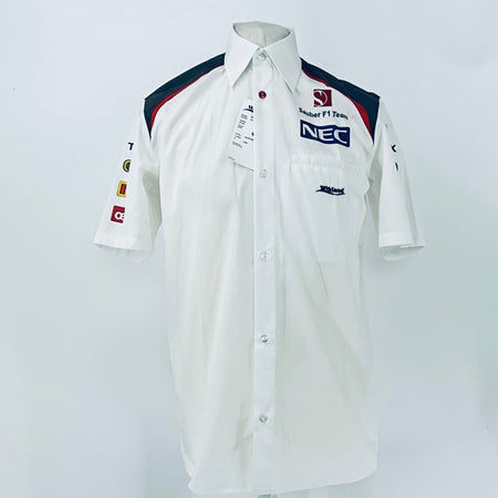 White button-up racing shirt with collar and NEC logo on the chest