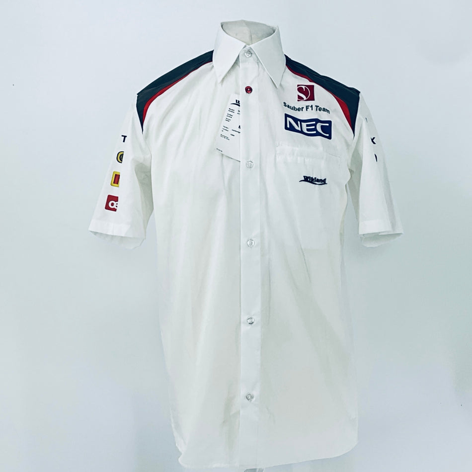 White button-up racing shirt with collar and NEC logo on the chest