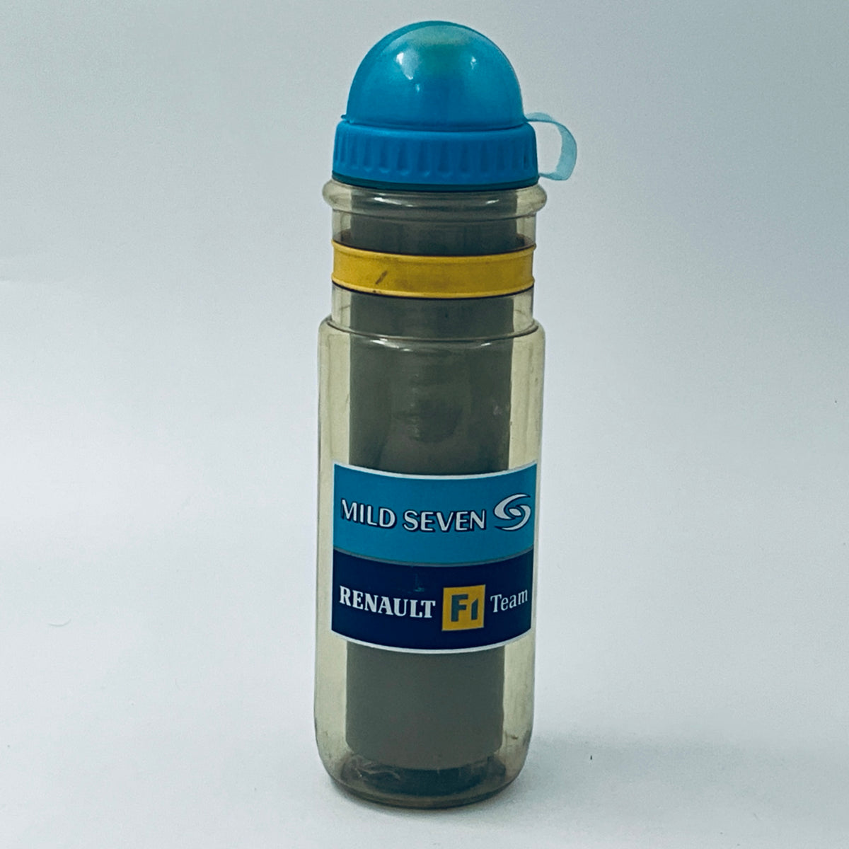Clear plastic sports water bottle with blue cap, yellow band, and racing logo label