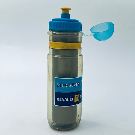 Clear plastic water bottle with blue spout and yellow band, front logo label