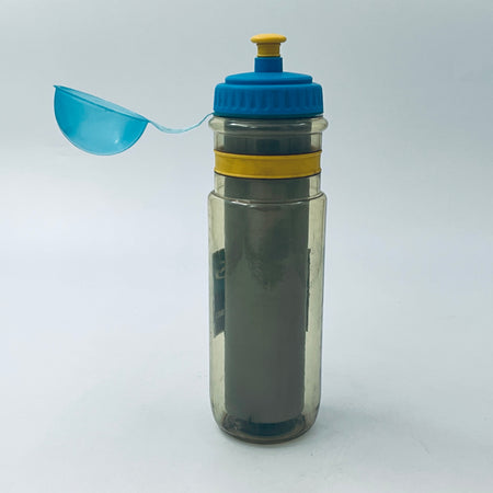 Clear bottle with blue flip spout, yellow ring, and racing logo on front