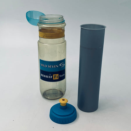 Clear water bottle with blue cap and label, plus blue accessory tube