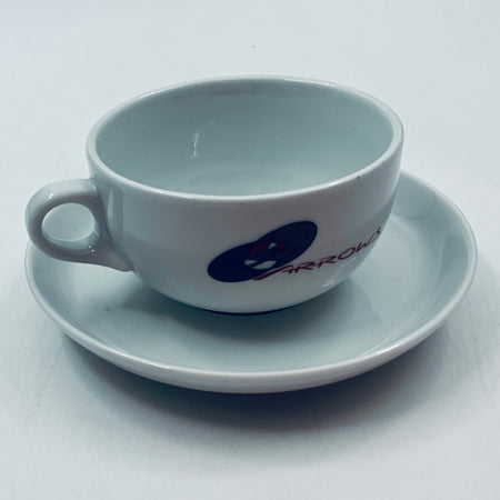 Light blue porcelain cup and matching saucer with ARROWS logo