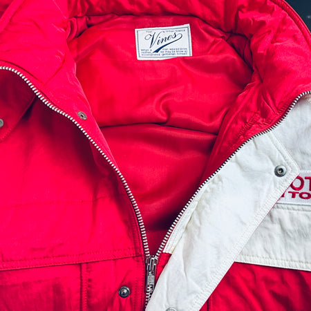 Red and white winter jacket, full-zip with red lining and contrast collar