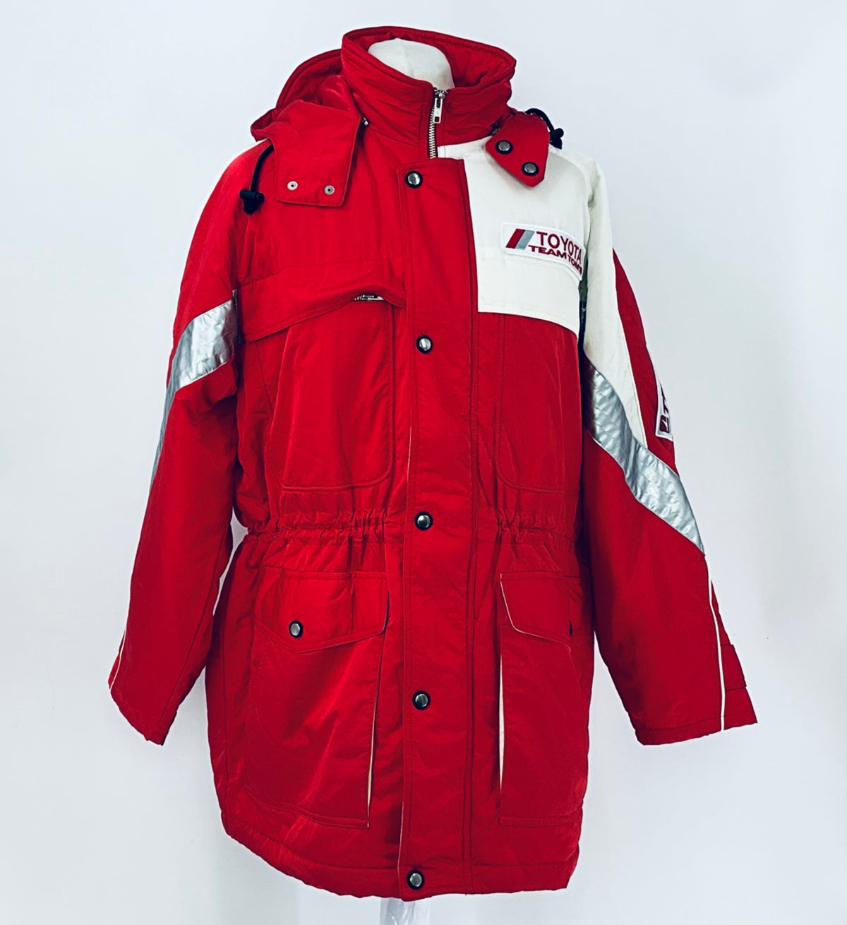 Red and white insulated parka with hood, button front, and side logo stripe
