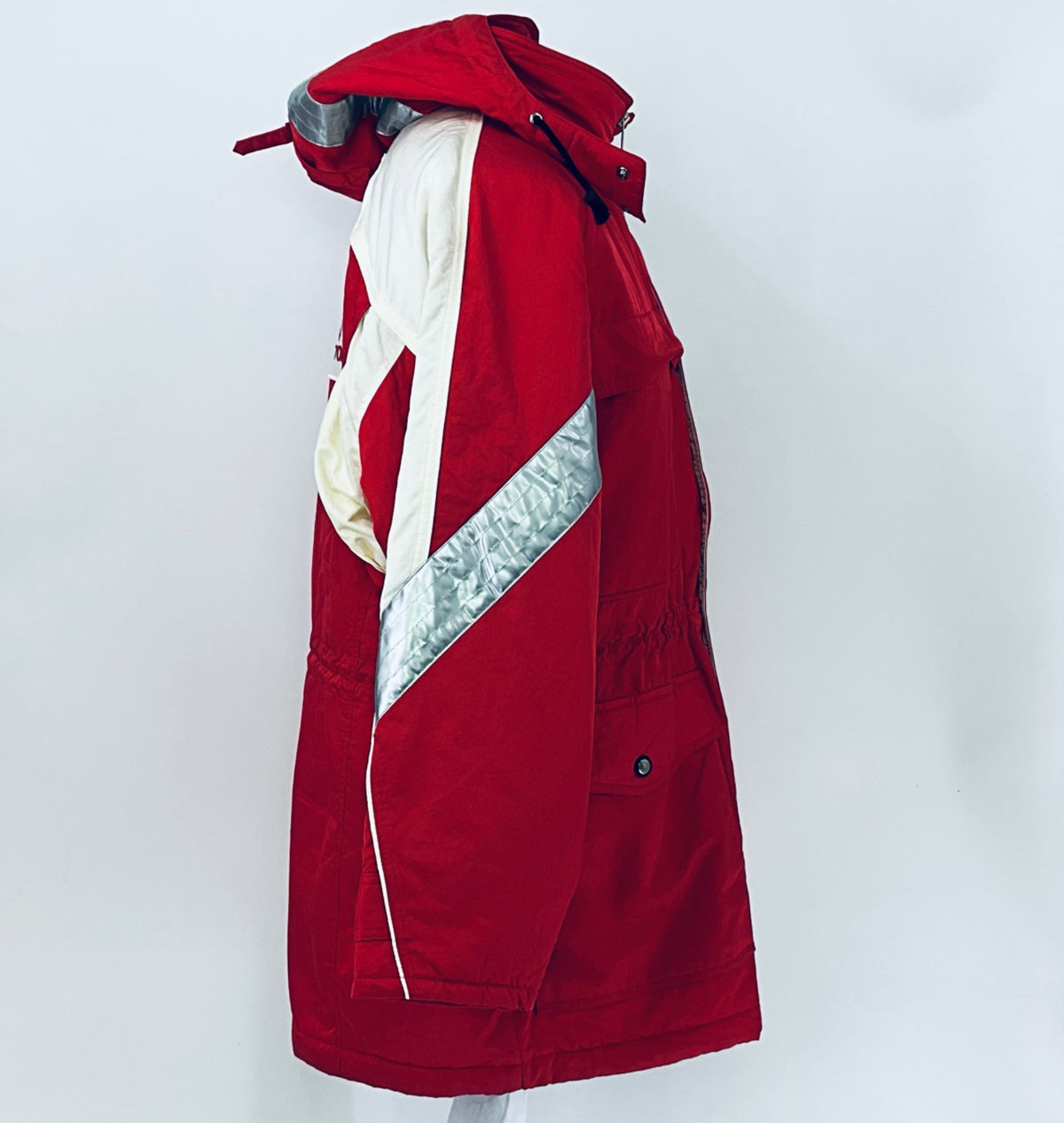 Red winter parka jacket with hood and angled off-white and silver-gray side panels