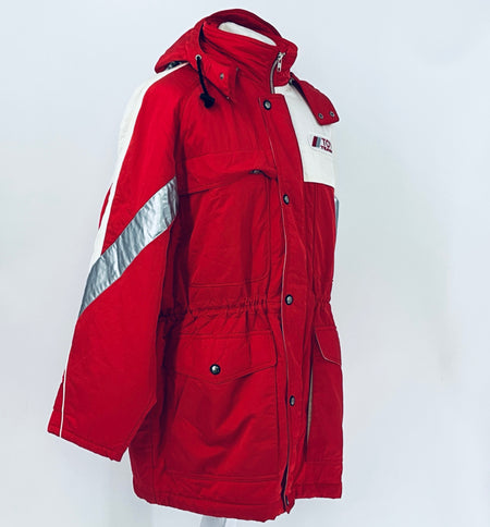 Red winter jacket with hood, white stripe panels, snap buttons and front zipper