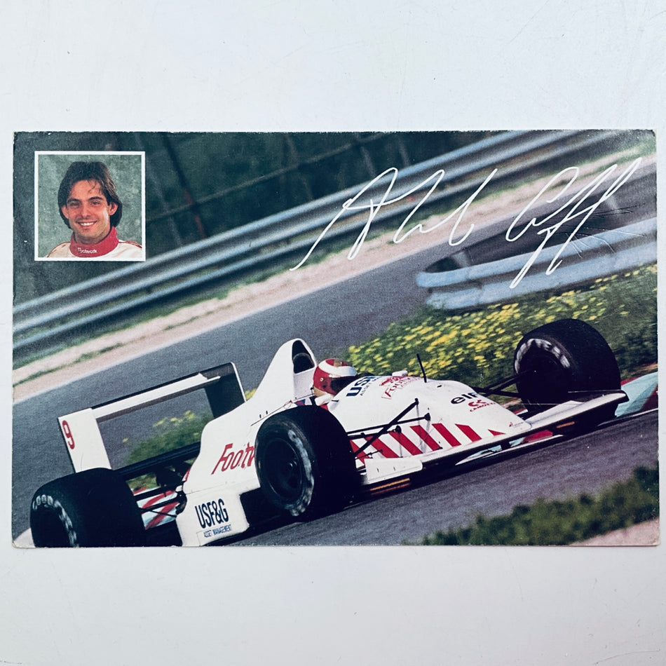 Signed racing car postcard featuring Alex Caffi Footwork Arrows A11B-Ford DFR