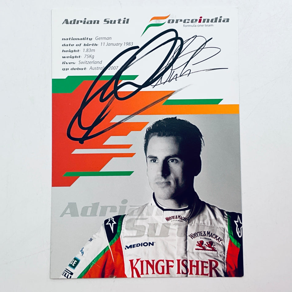 Hand-signed Adrian Sutil Force India driver card with portrait and team logo