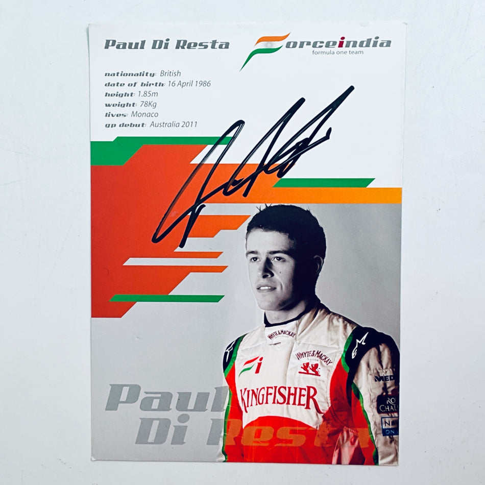 Paul di Resta signed F1 driver card with Force India logo, red and orange design