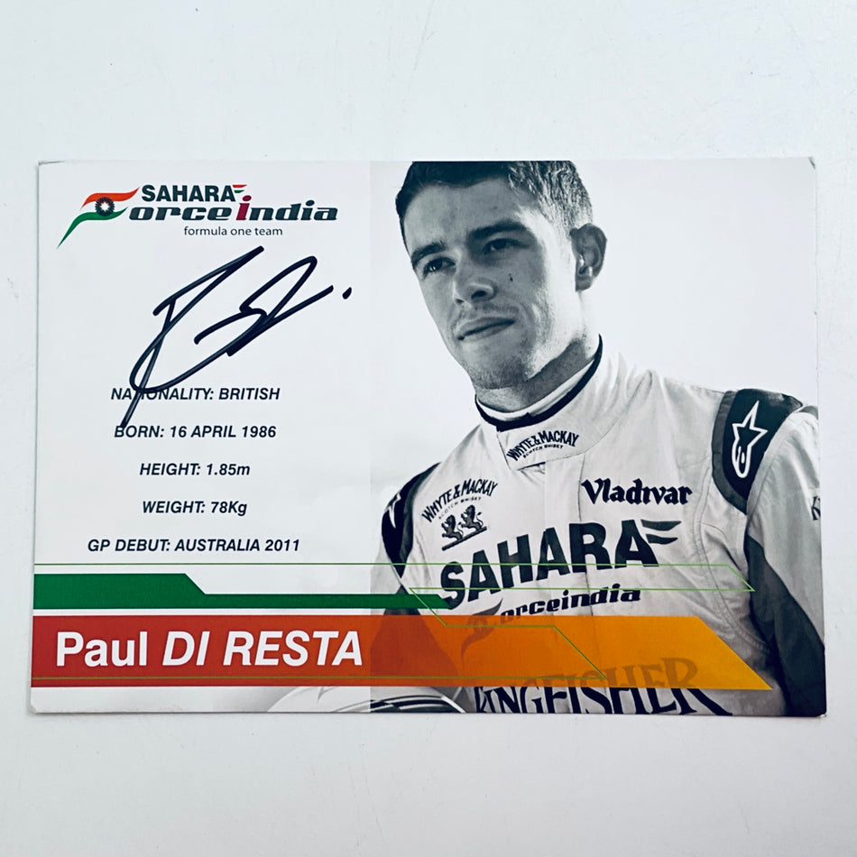 Signed 2012 Force India driver card with Paul Di Resta portrait and official details