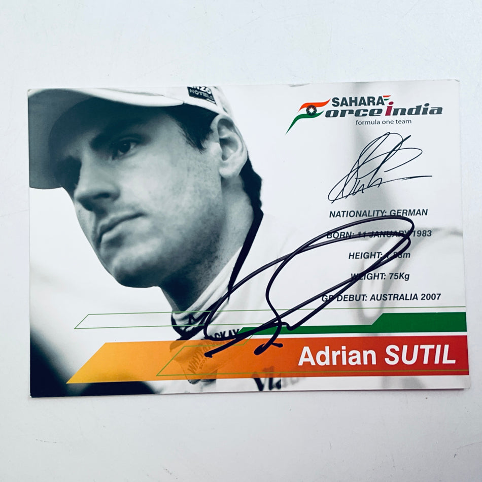 Adrian Sutil signed Formula One driver card with team logo and printed personal details