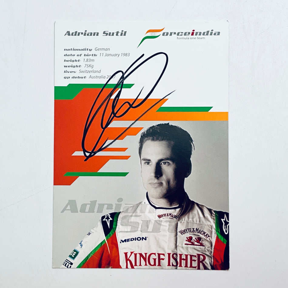 Signed Formula racing driver card with portrait and autograph, Force India design