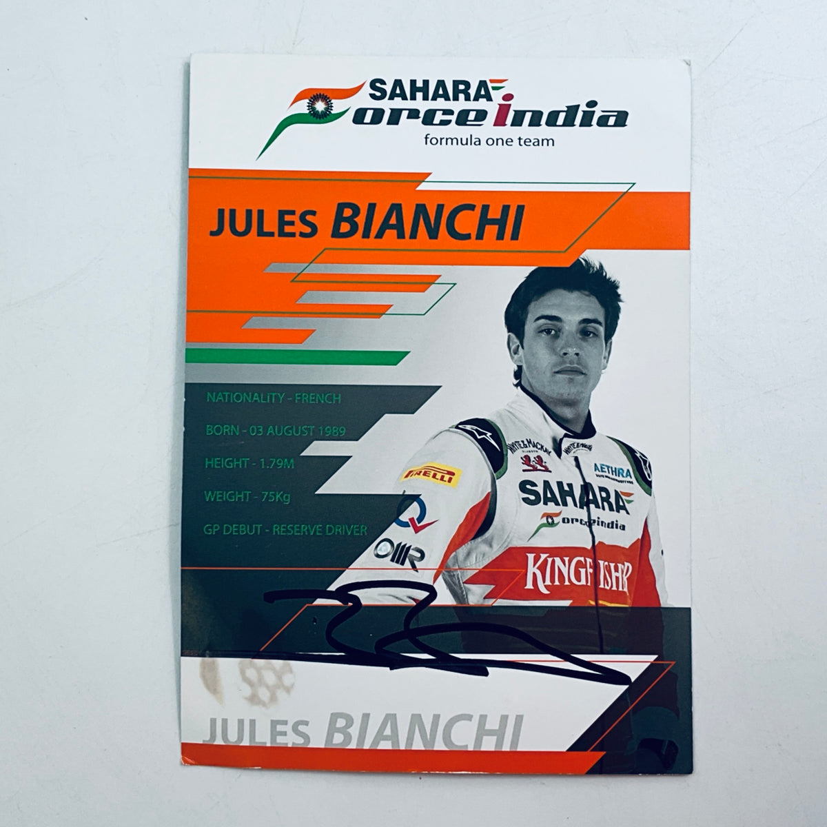 Original 2012 Force India F1 Team Jules Bianchi Hand Signed Official Driver Card – With COA - Pit-Lane Motorsport