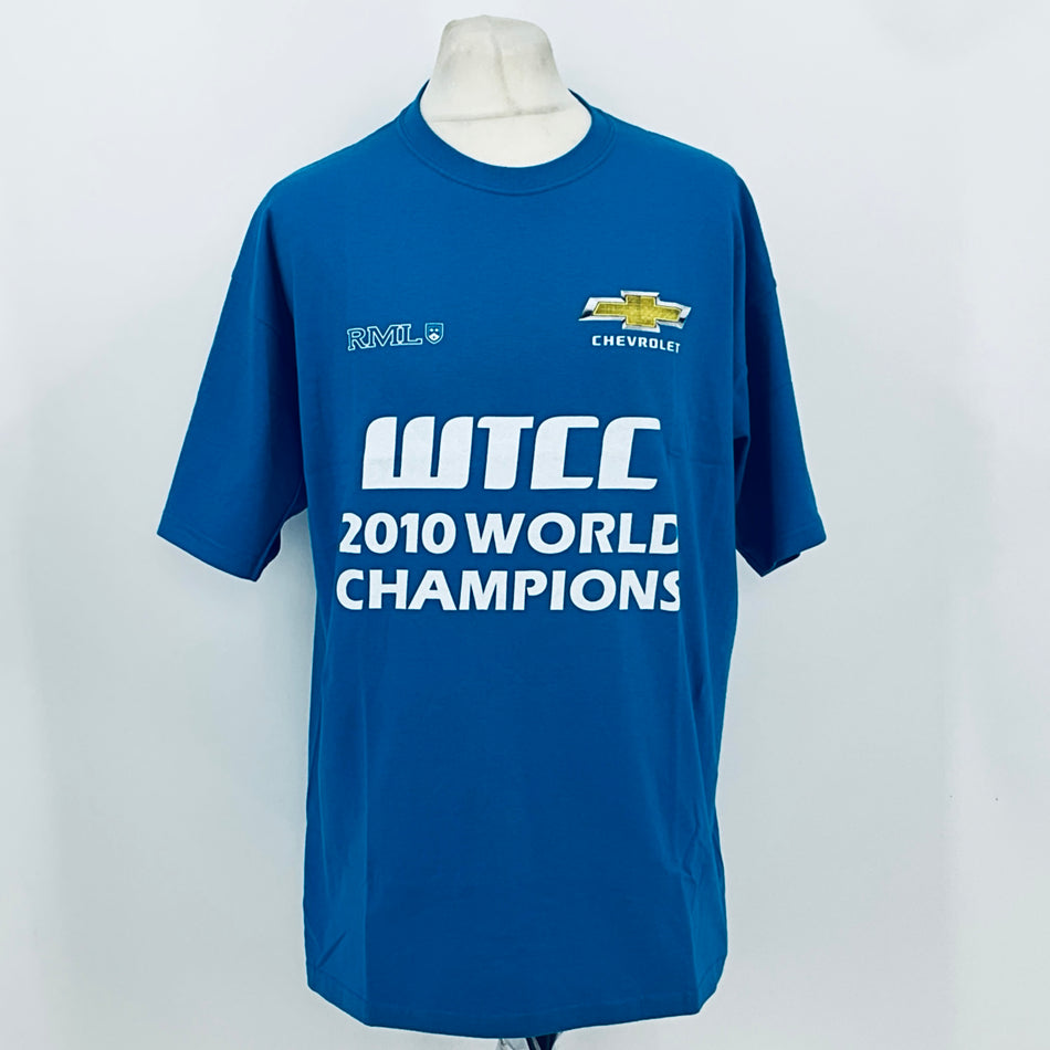 Blue graphic T-shirt with Chevrolet crest and 2010 World Champions text