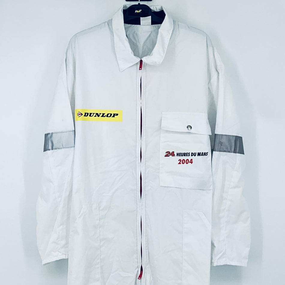 White official marshals overalls with stand collar, button front, and sleeve patches
