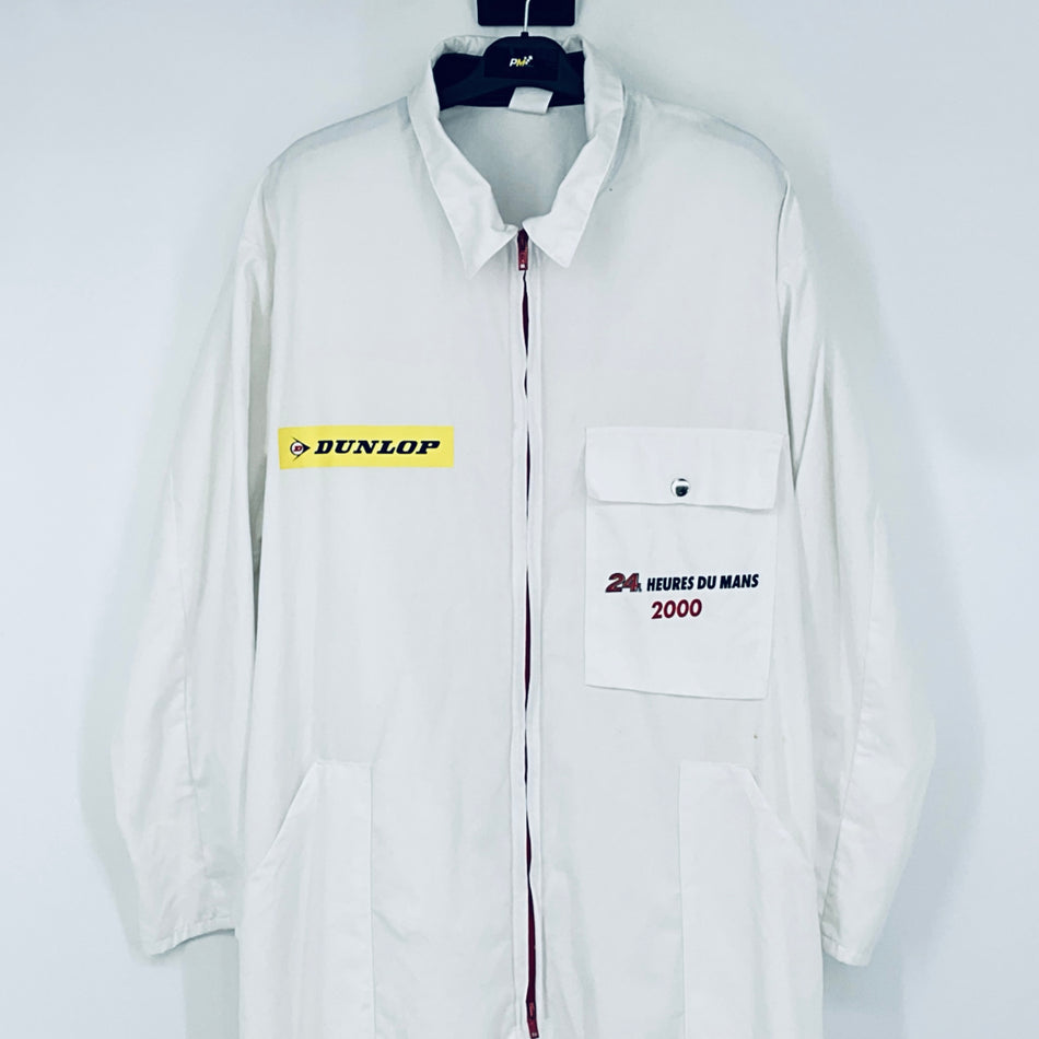 White race marshals overalls with Dunlop logo on chest and side pocket