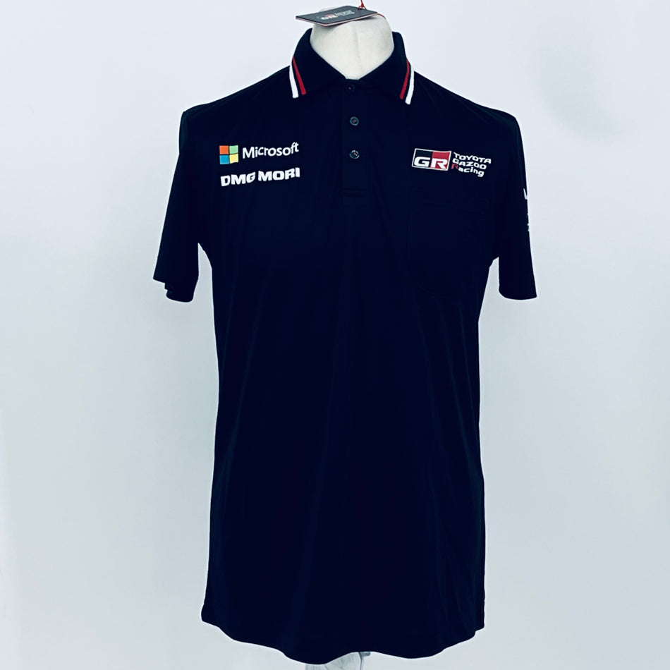 Navy racing polo shirt with button placket, striped collar, and front sponsor patches