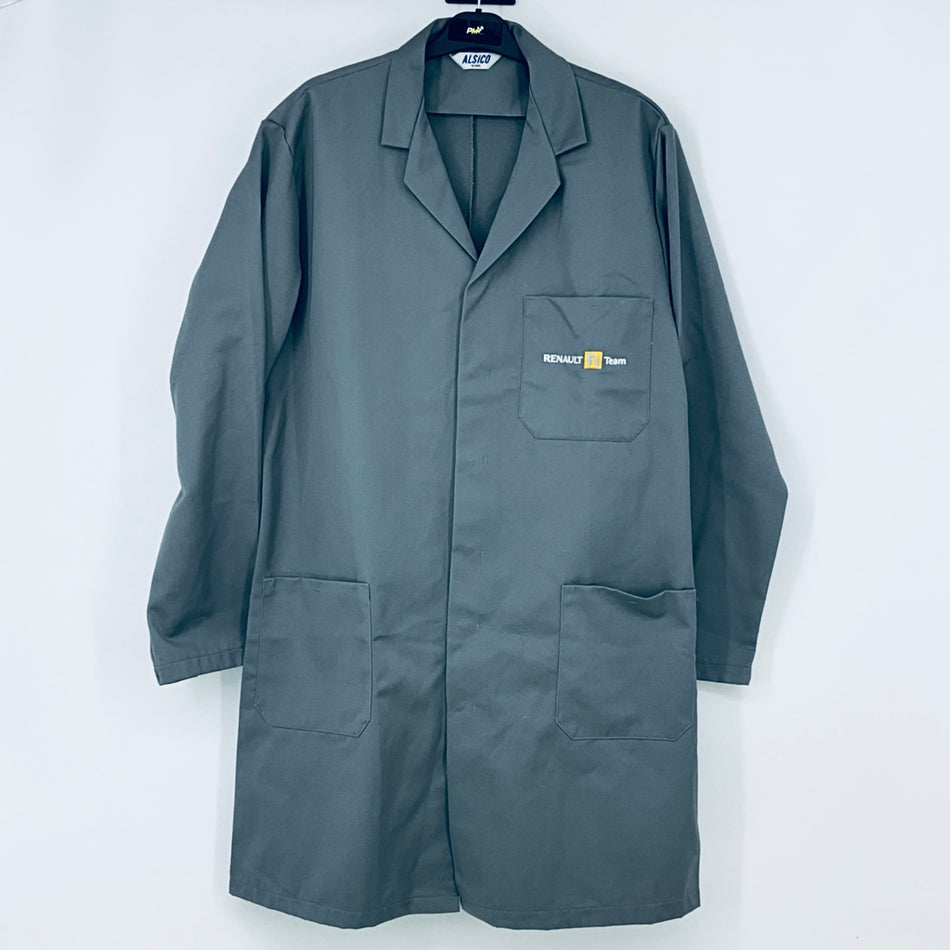Teal workwear coat with lapels, button front, and chest logo patch