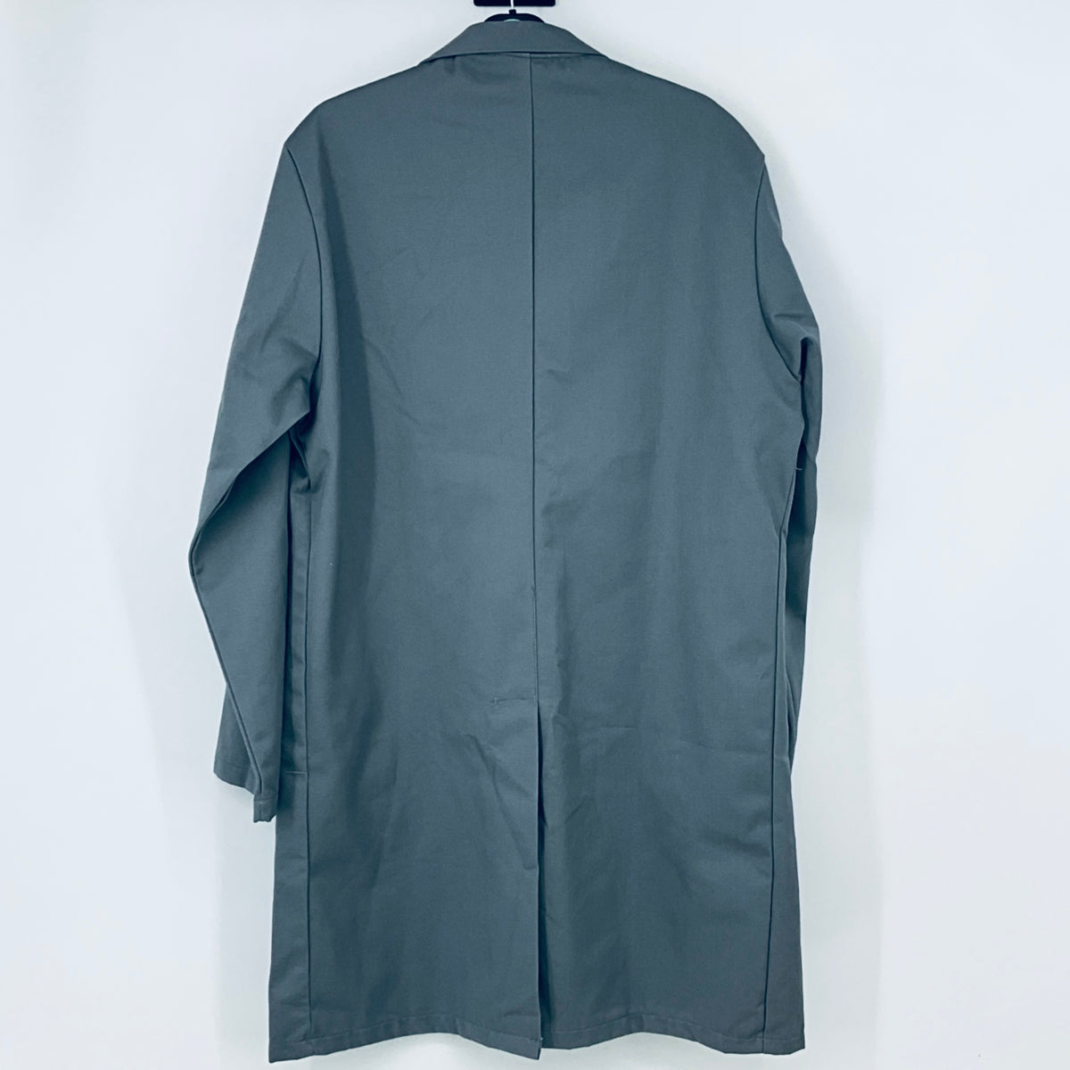 Teal workwear coat with back view and center seam, full-length