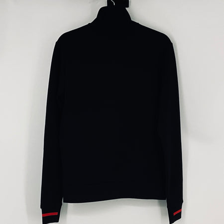 Dark navy full-zip sweatshirt with red cuff and hem stripe accents, plain back view
