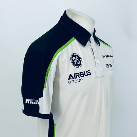 Team polo shirt front/shoulder view: white chest with AIRBUS logo and navy sleeve