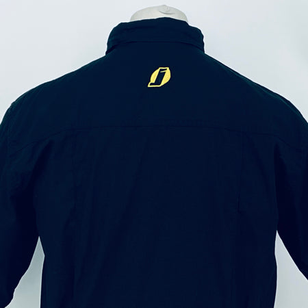Dark navy short-sleeve button-up shirt close back view; yellow emblem centered at upper back.